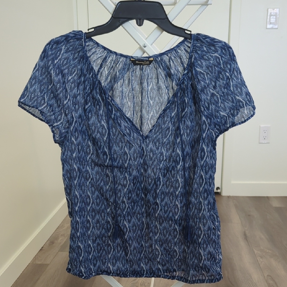 Massimo Dutti Blue Patterned Cotton Blouse | V-Neck Sheer Lightweight Size S